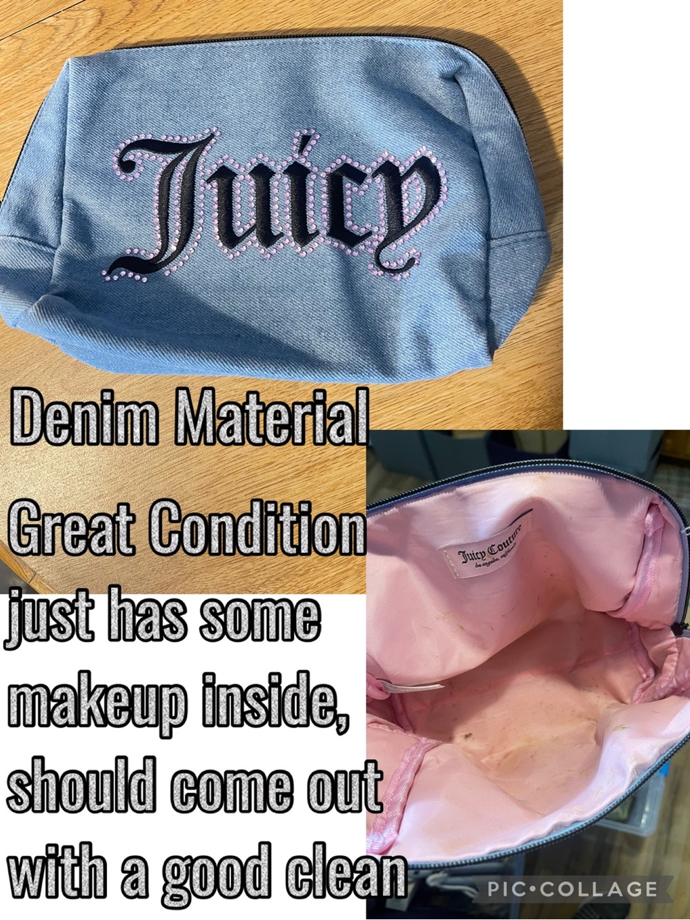 Juicy Couture Light Blue Denim Cosmetic Pouch with Pink Interior